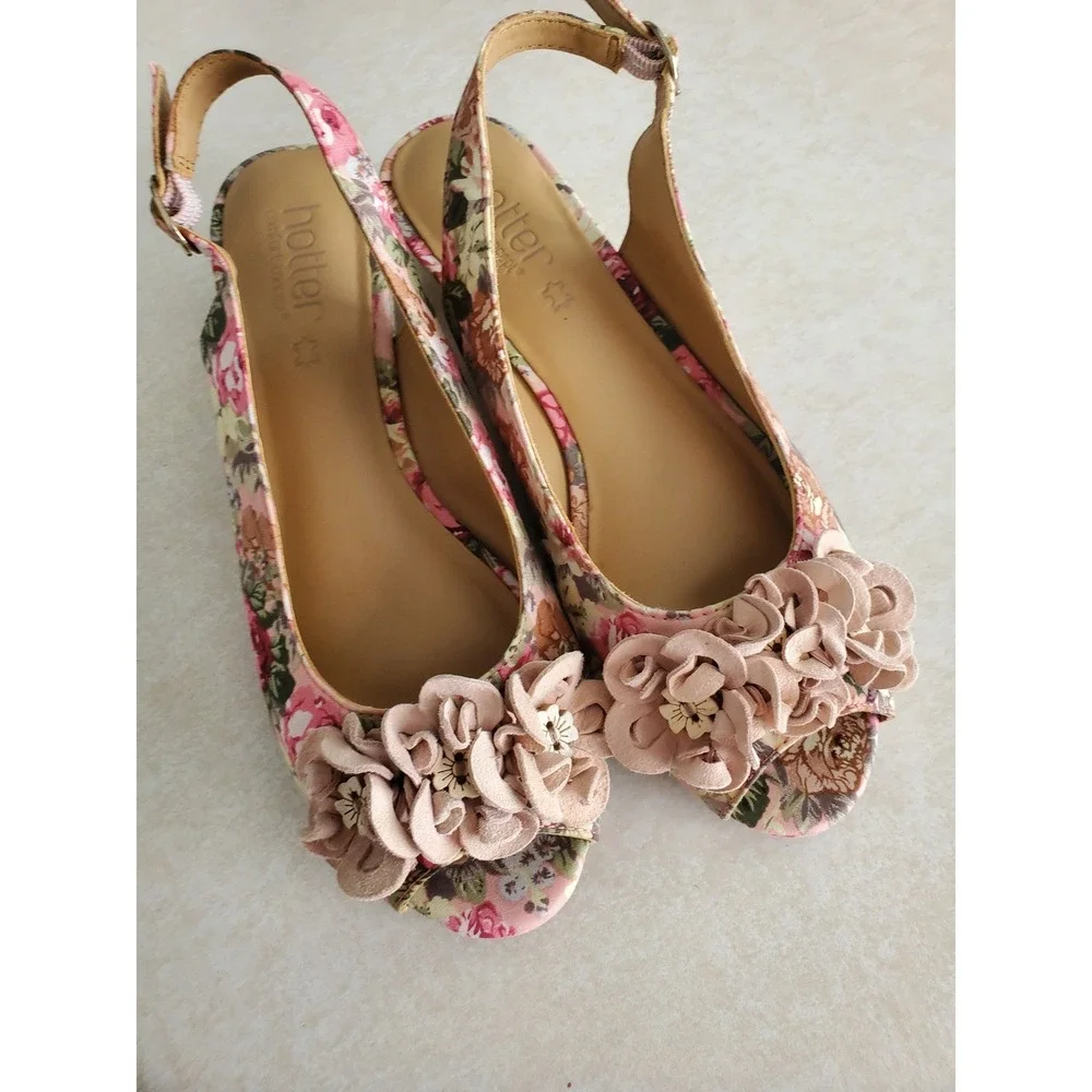 Hotter Floral Espadrille‎ Wedges Pink Peep Toe Slingback Flower Sandals US6